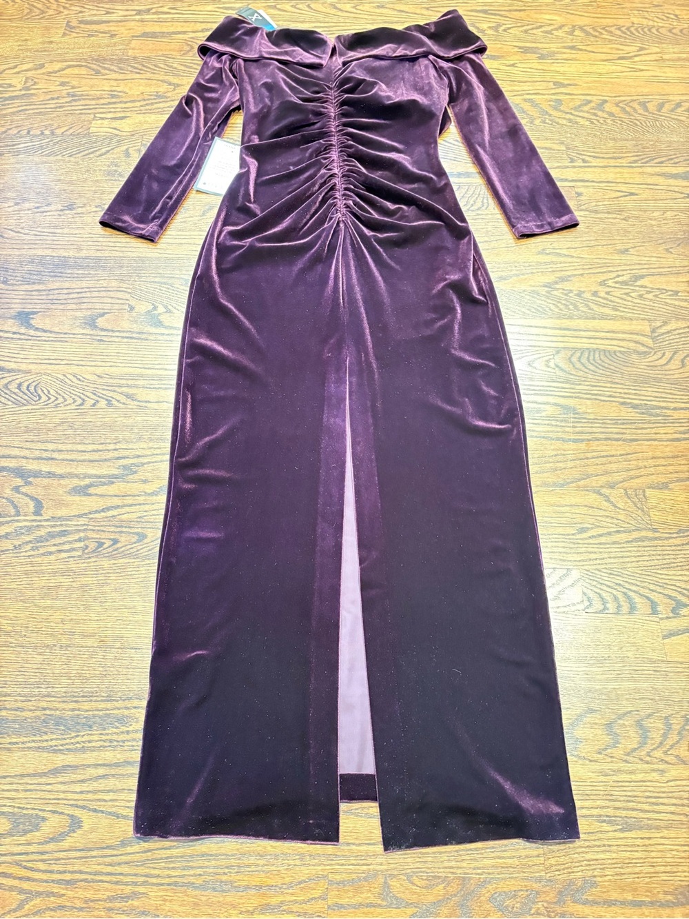 Xscape Off-Shoulder Velvet Maxi Dress in Plum/Maroon MOB/MOG - Picture 5 of 9